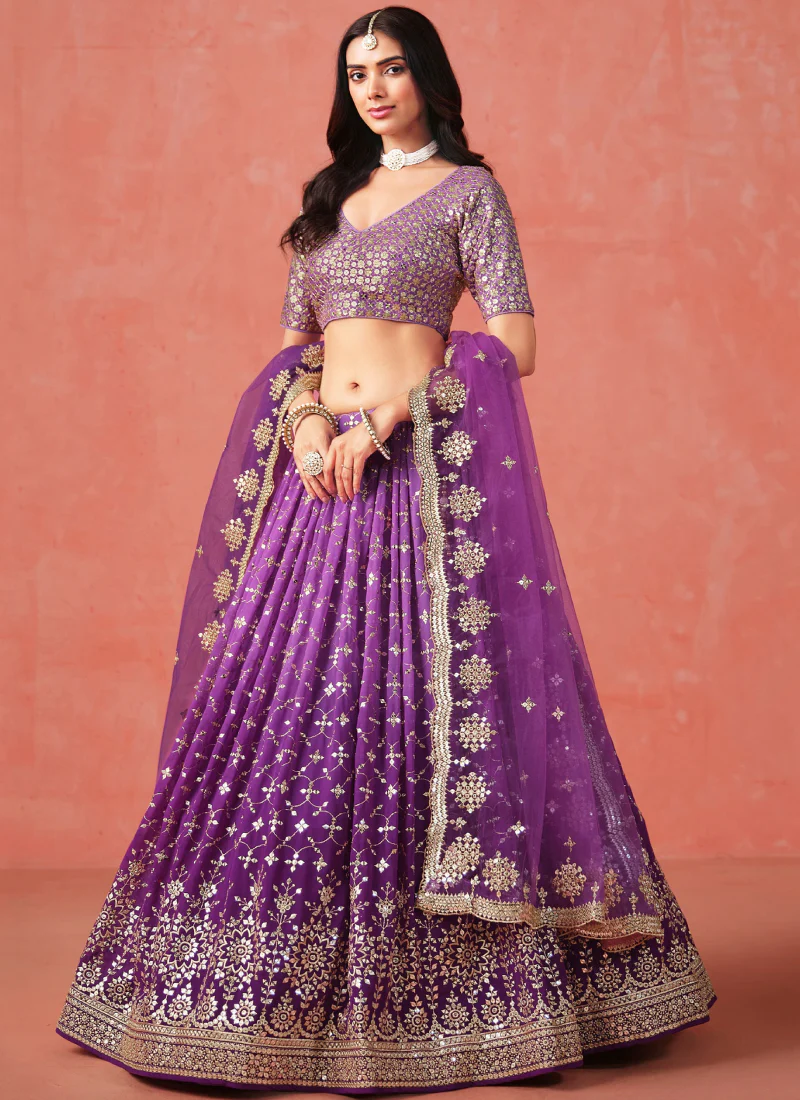Purple Party Wear Zari Work Georgette Lehenga Choli With Dupatta - Image 4