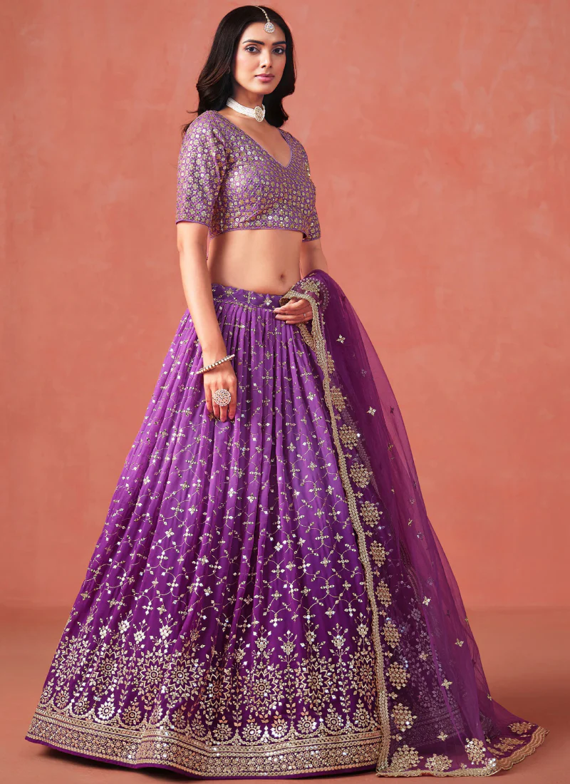 Purple Party Wear Zari Work Georgette Lehenga Choli With Dupatta - Image 5