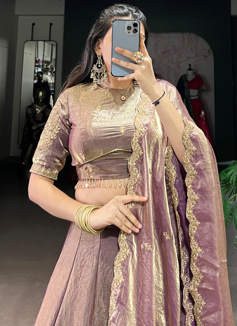 Purple Plain Fendi Organza Lehenga With Thread Embroidered Blouse - Image 3