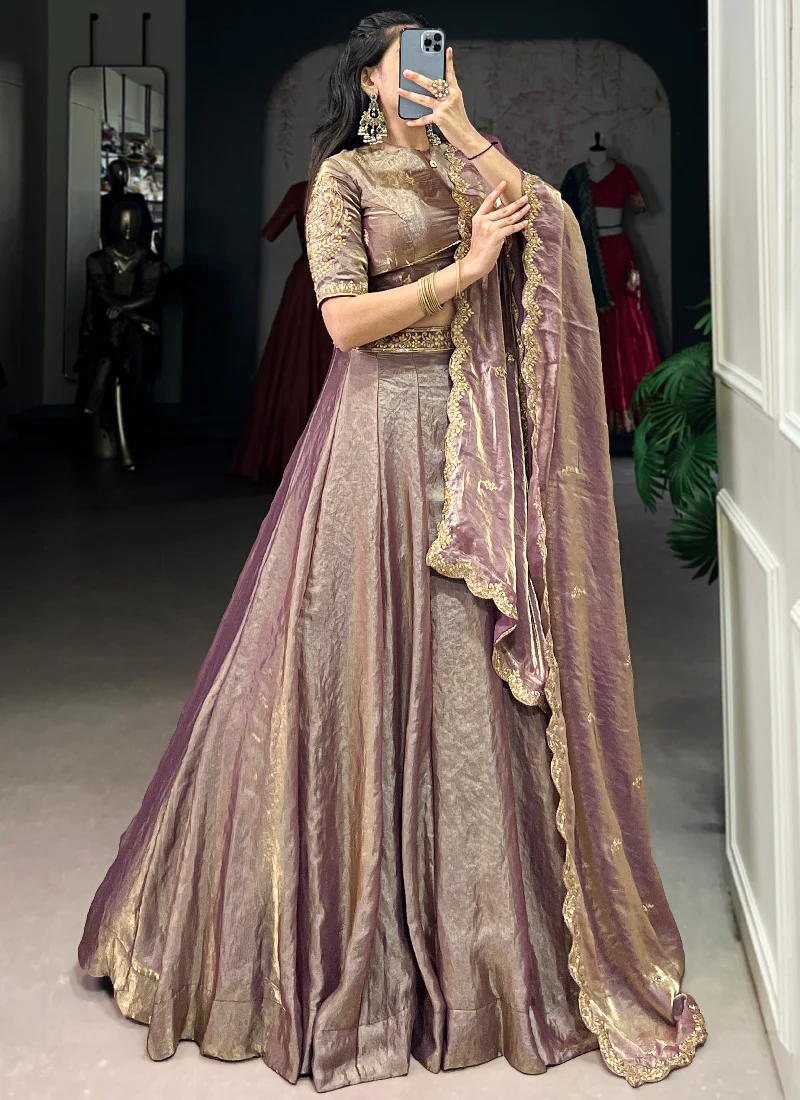 Purple Plain Fendi Organza Lehenga With Thread Embroidered Blouse - Image 4