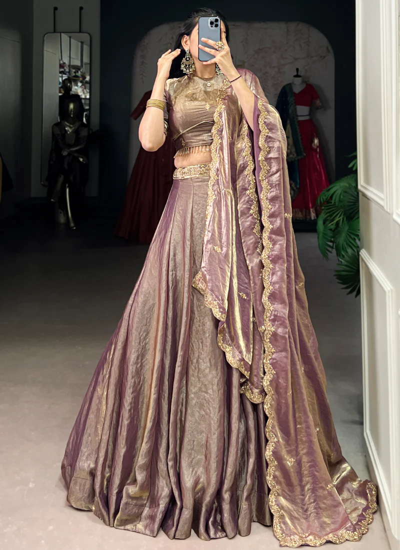 Purple Plain Fendi Organza Lehenga With Thread Embroidered Blouse - Image 5