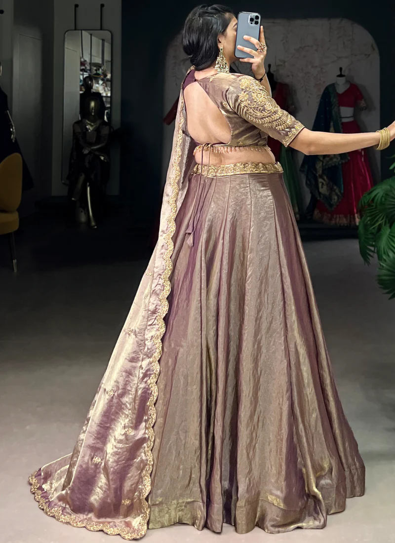 Purple Plain Fendi Organza Lehenga With Thread Embroidered Blouse - Image 6