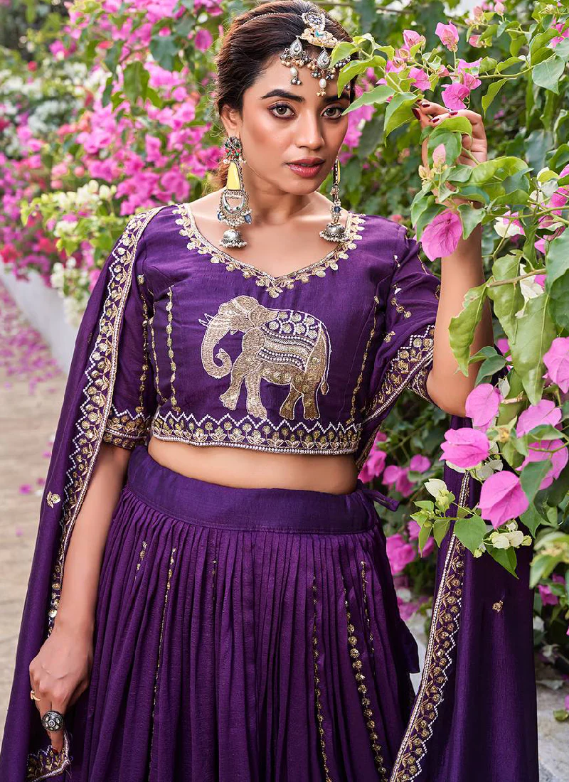 Purple Sequence Embroidered Vichitra Silk Lehenga Choli For Women - Image 2