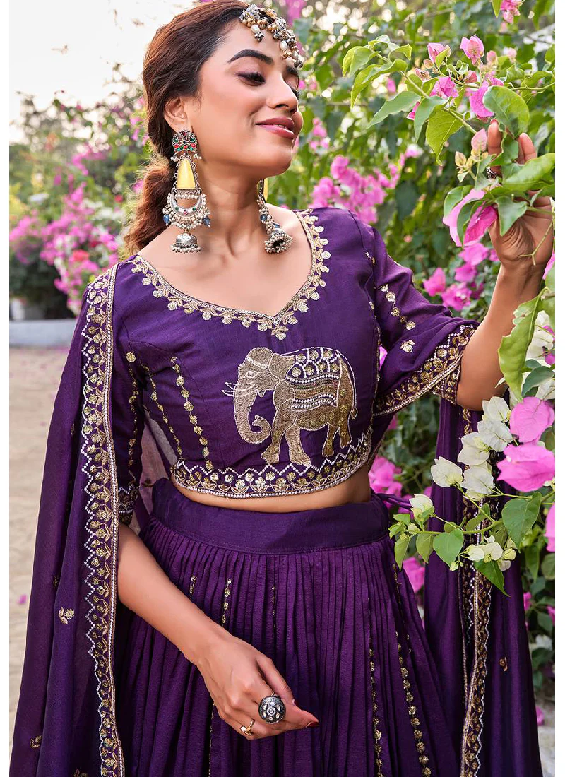 Purple Sequence Embroidered Vichitra Silk Lehenga Choli For Women - Image 3