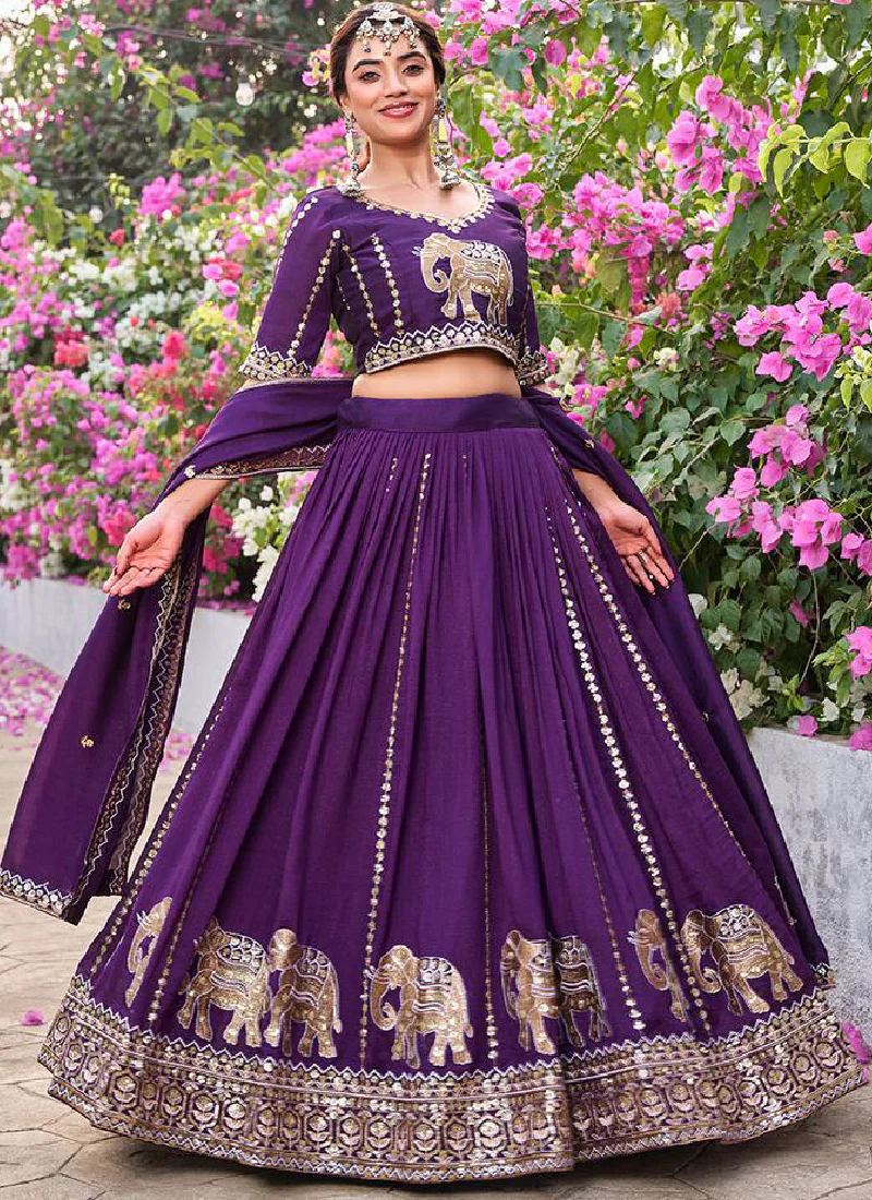 Purple Sequence Embroidered Vichitra Silk Lehenga Choli For Women - Image 4