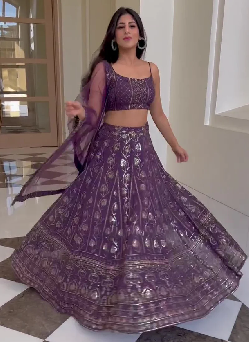 Purple Sequence Embroidered Work Georgette Lehenga Choli - Image 5