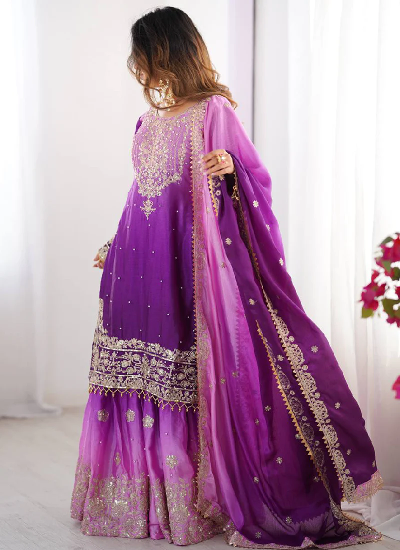 Purple Sequin Dori Embroidered Chinon Silk Salwar Kameez With Dupatta - Image 3