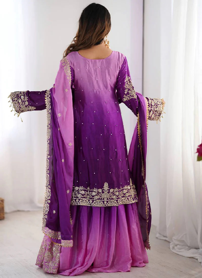 Purple Sequin Dori Embroidered Chinon Silk Salwar Kameez With Dupatta - Image 5