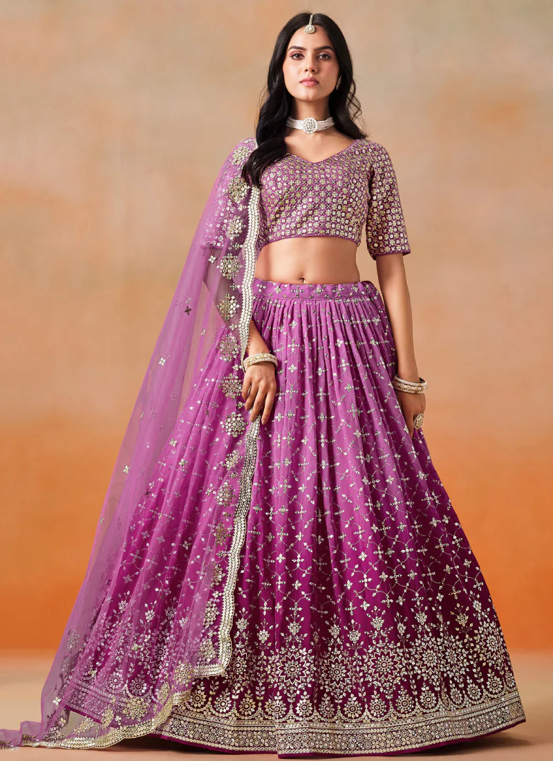 Rani Pink Shaded Zari Embroidered Georgette Lehenga Choli For Women