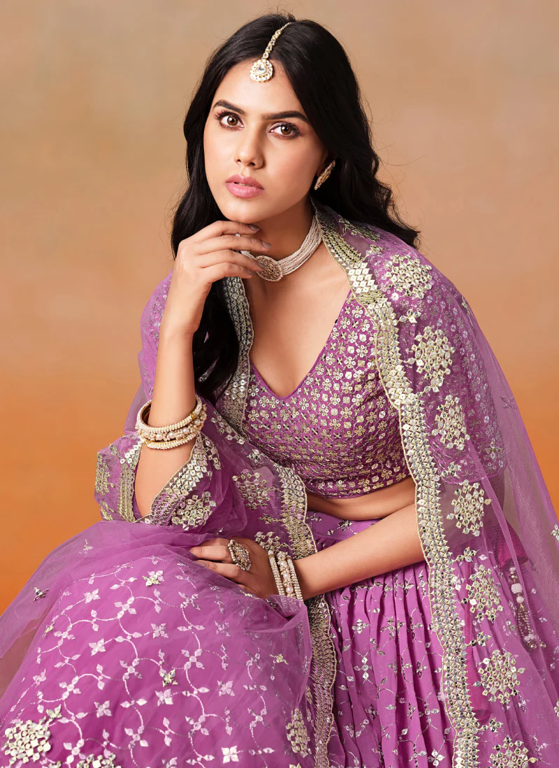 Rani Pink Shaded Zari Embroidered Georgette Lehenga Choli For Women - Image 2