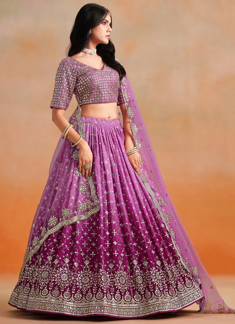 Rani Pink Shaded Zari Embroidered Georgette Lehenga Choli For Women - Image 3