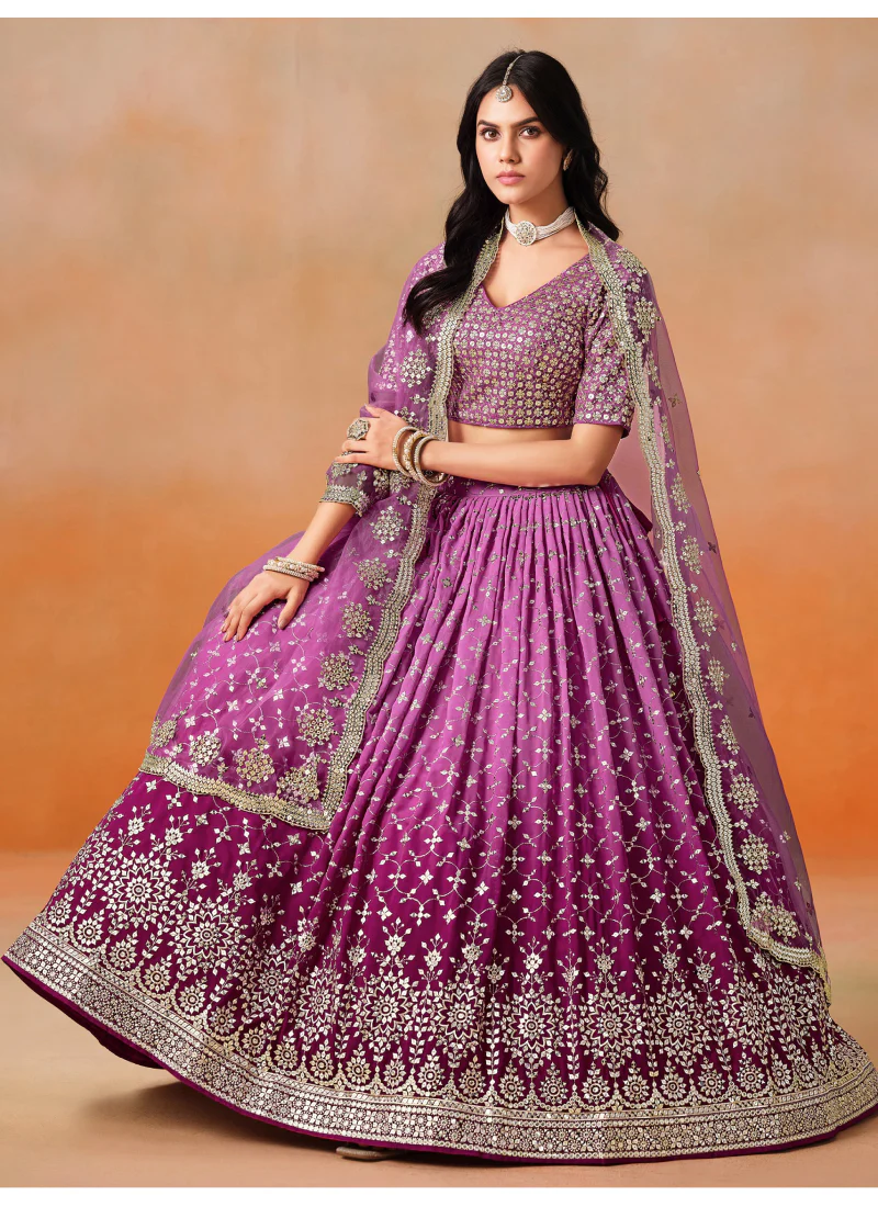 Rani Pink Shaded Zari Embroidered Georgette Lehenga Choli For Women - Image 4