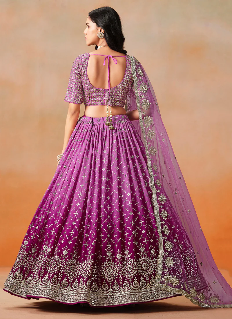 Rani Pink Shaded Zari Embroidered Georgette Lehenga Choli For Women - Image 5