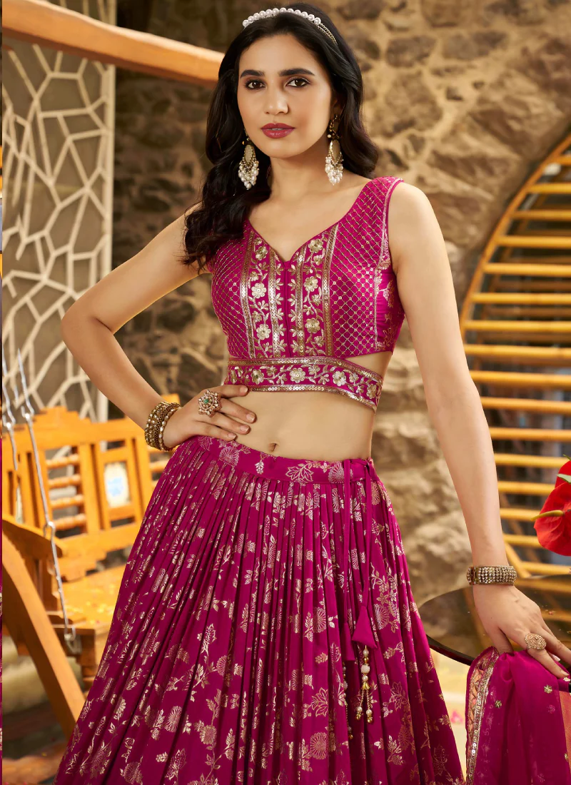 Rani Pink Zari Sequence Embroidered Silk Lehenga Choli With Dupatta - Image 2