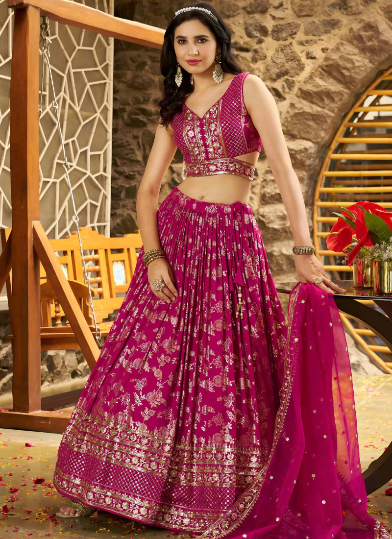 Rani Pink Zari Sequence Embroidered Silk Lehenga Choli With Dupatta - Image 3