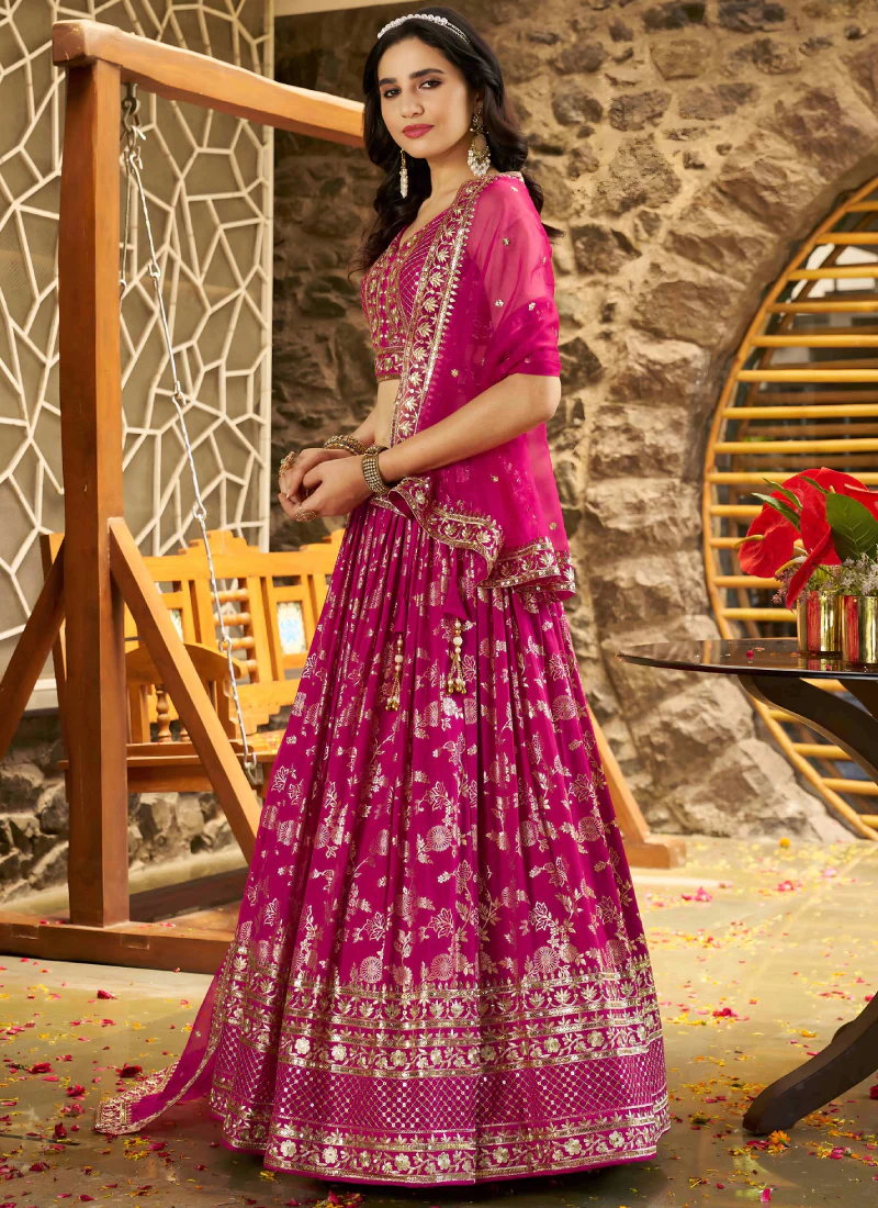 Rani Pink Zari Sequence Embroidered Silk Lehenga Choli With Dupatta - Image 4