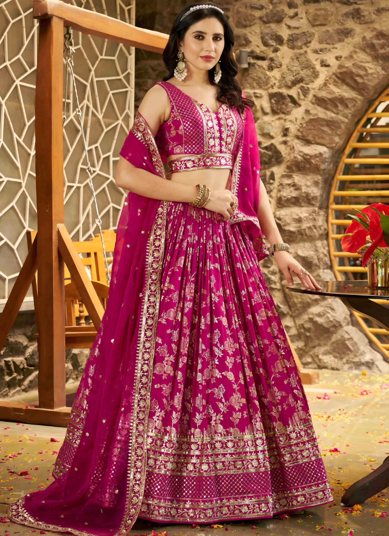 Rani Pink Zari Sequence Embroidered Silk Lehenga Choli With Dupatta - Image 5