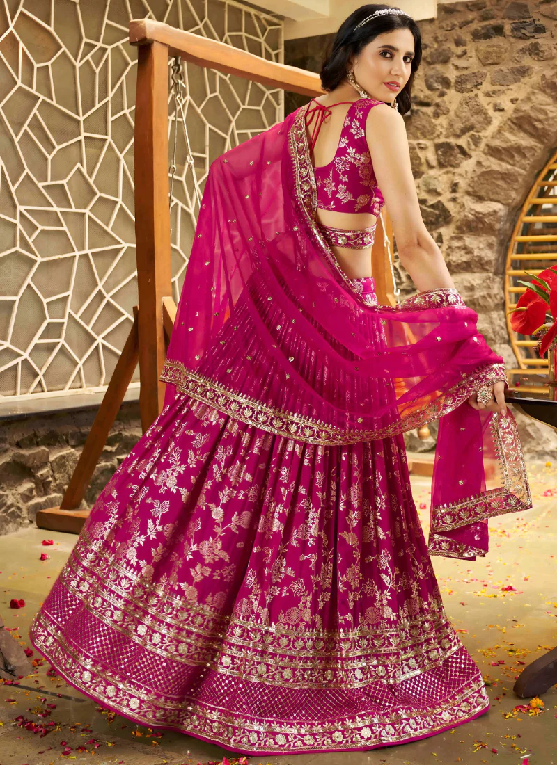 Rani Pink Zari Sequence Embroidered Silk Lehenga Choli With Dupatta - Image 6