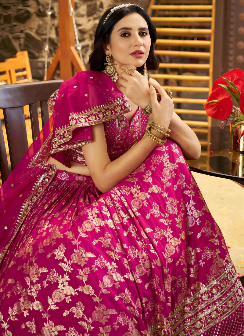 Rani Pink Zari Sequence Embroidered Silk Lehenga Choli With Dupatta - Image 7