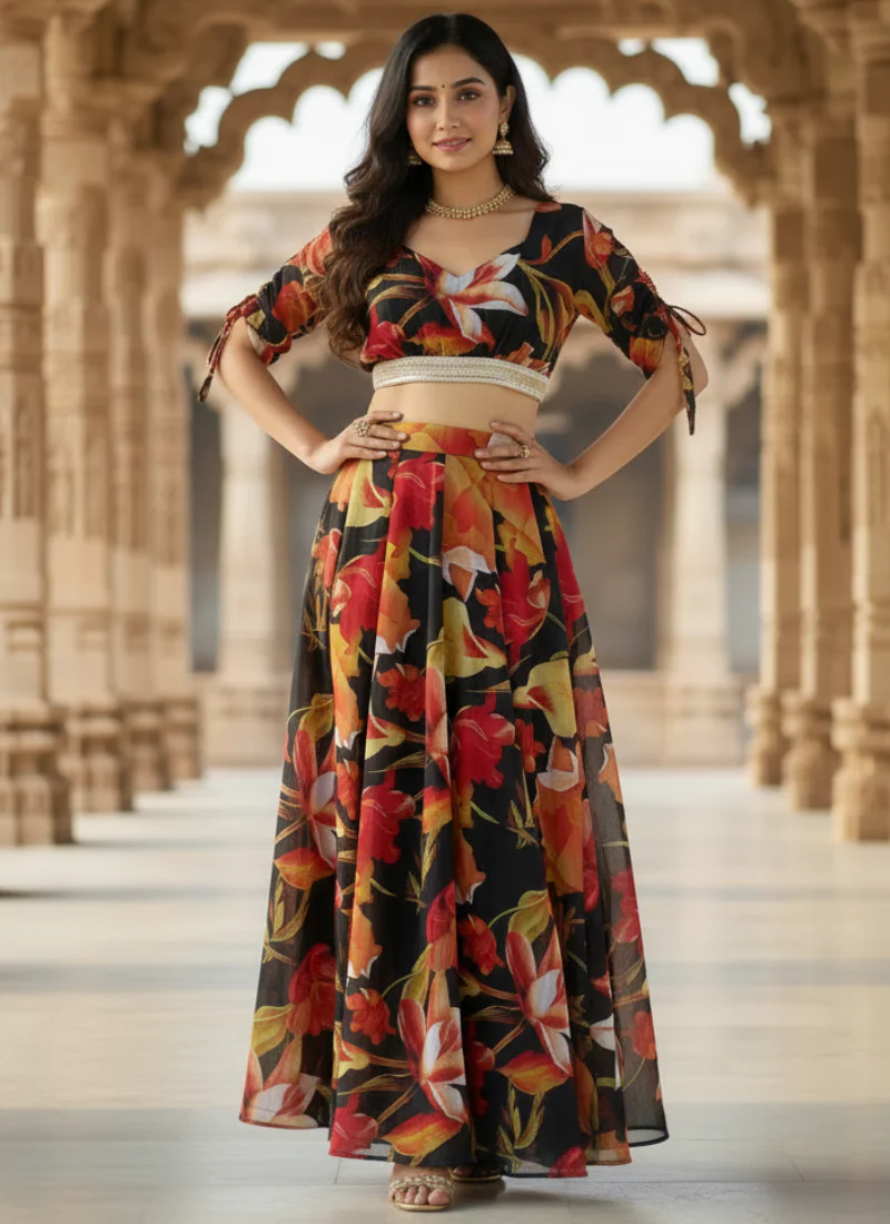 Ready To Wear Floral Digital Printed Black Georgette Lehenga Choli Set