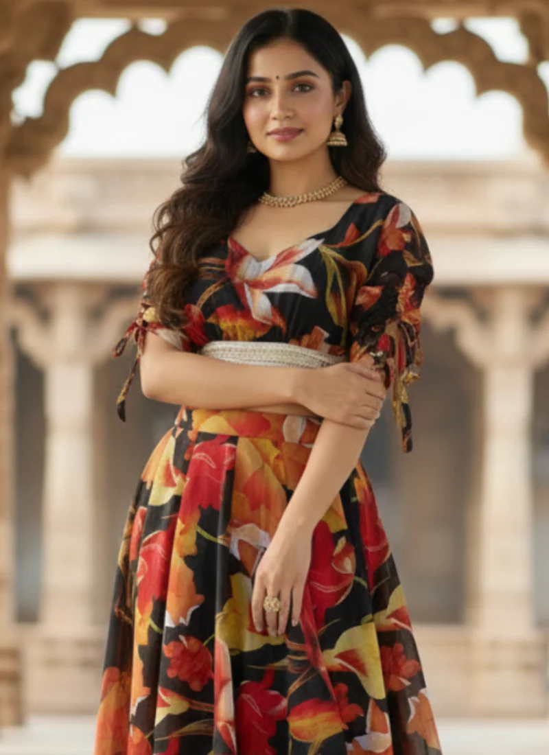 Ready To Wear Floral Digital Printed Black Georgette Lehenga Choli Set - Image 2