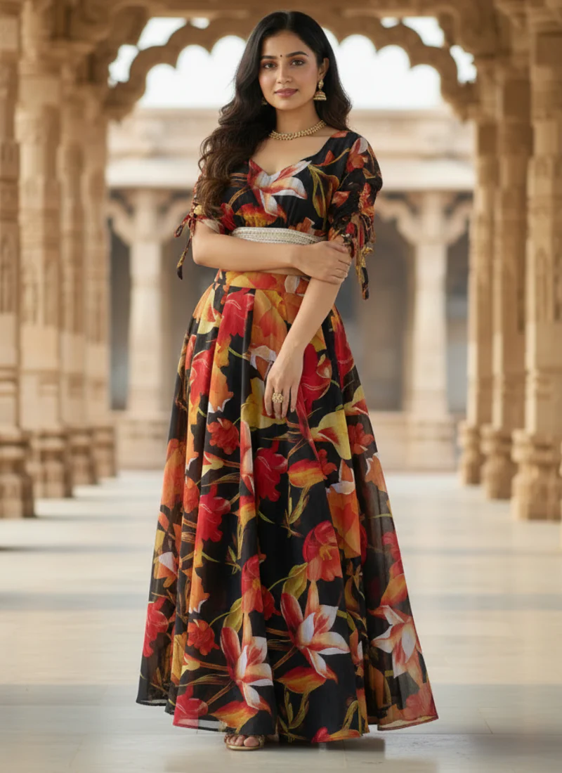 Ready To Wear Floral Digital Printed Black Georgette Lehenga Choli Set - Image 4