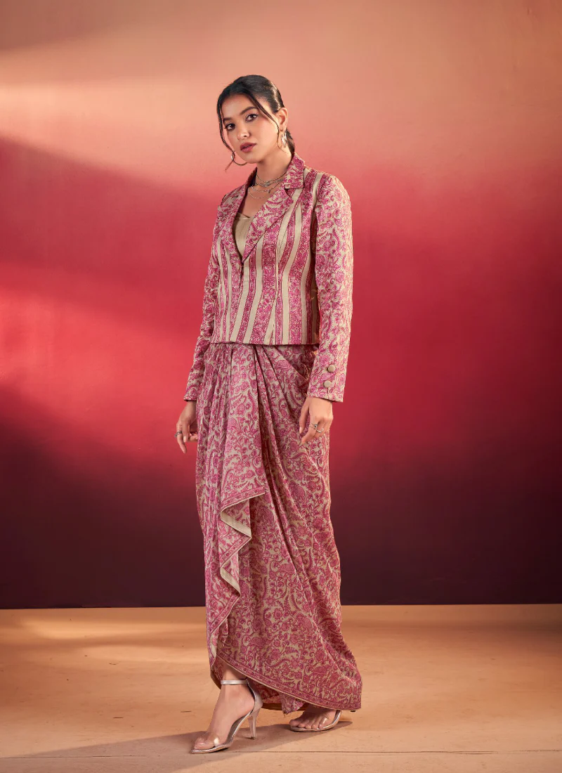Readymade Printed Silk Pink Drape Skirt With Blouse And Jacket Set - Image 3