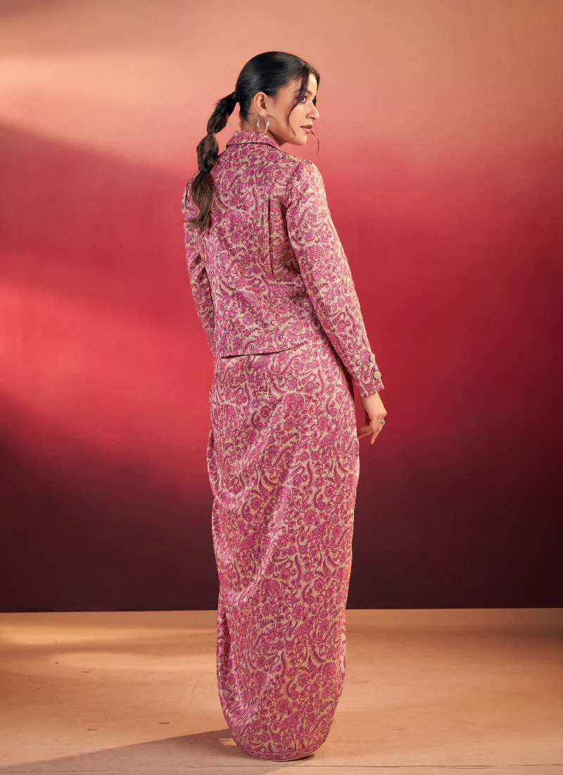 Readymade Printed Silk Pink Drape Skirt With Blouse And Jacket Set - Image 4