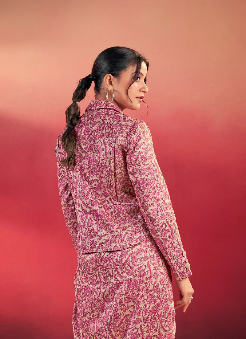 Readymade Printed Silk Pink Drape Skirt With Blouse And Jacket Set - Image 5