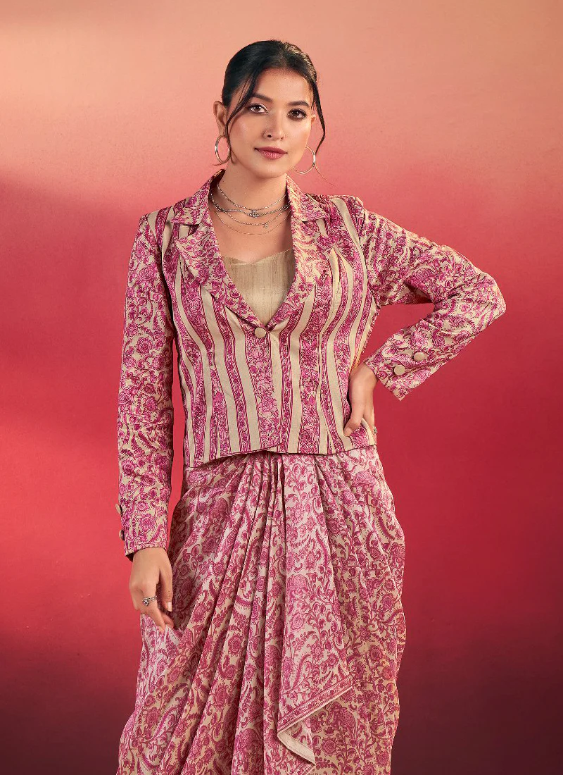 Readymade Printed Silk Pink Drape Skirt With Blouse And Jacket Set - Image 6