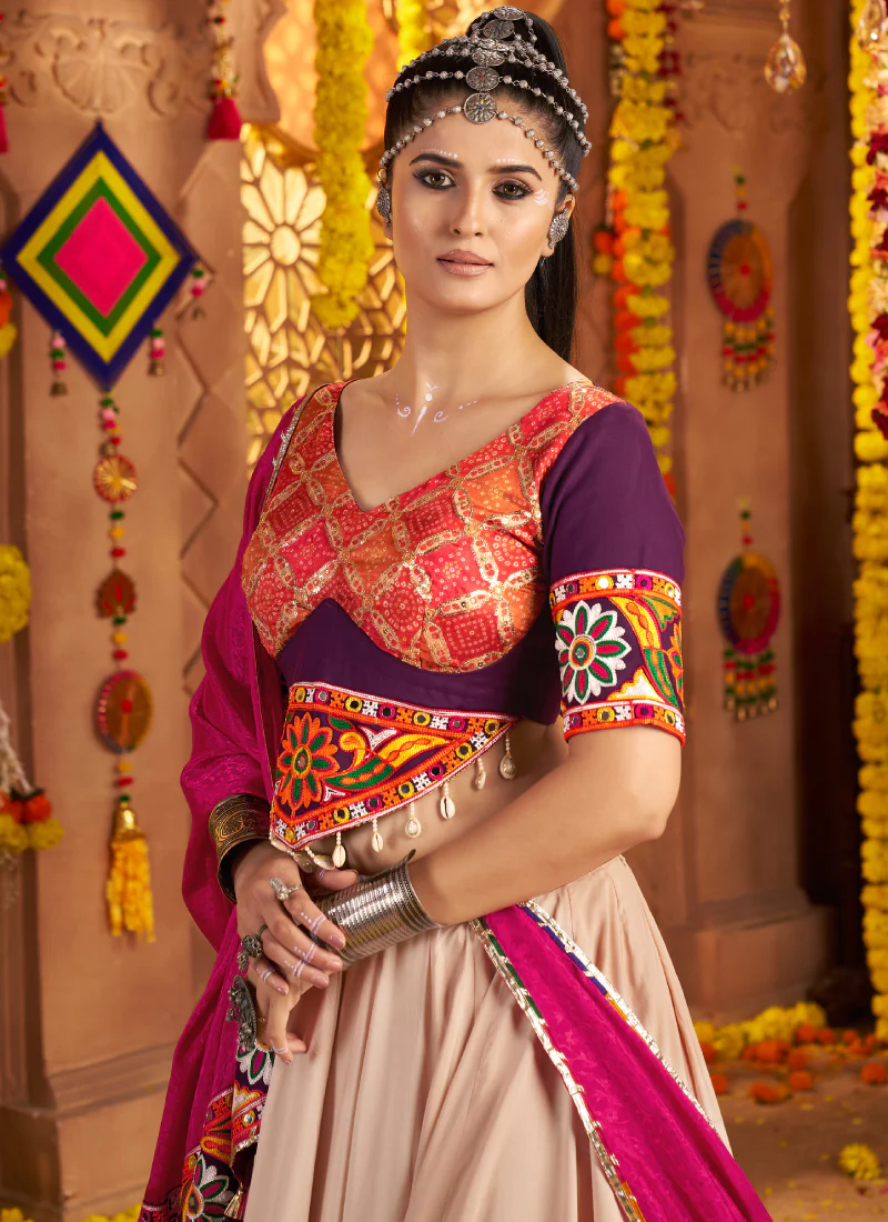 Real Mirror Embroidered Viscose Rayon Beige Chaniya Choli For Navratri - Image 2