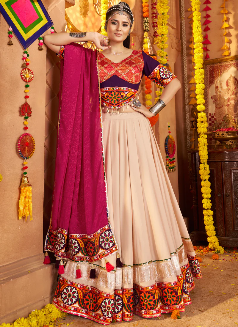 Real Mirror Embroidered Viscose Rayon Beige Chaniya Choli For Navratri - Image 3