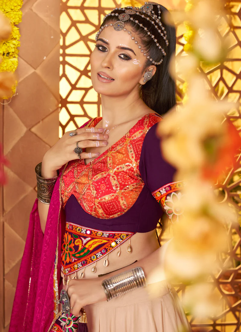 Real Mirror Embroidered Viscose Rayon Beige Chaniya Choli For Navratri - Image 4