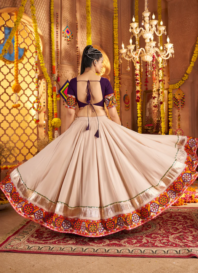 Real Mirror Embroidered Viscose Rayon Beige Chaniya Choli For Navratri - Image 6