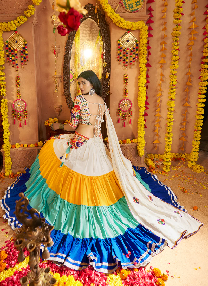 Real Mirror Gamthi Work Viscose Cotton Multi Color Traditional Lehenga - Image 6