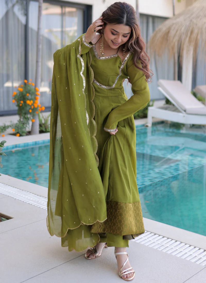 Real Mirror Lace Border Chanderi Green Mehndi Special Anarkali Gown - Image 3