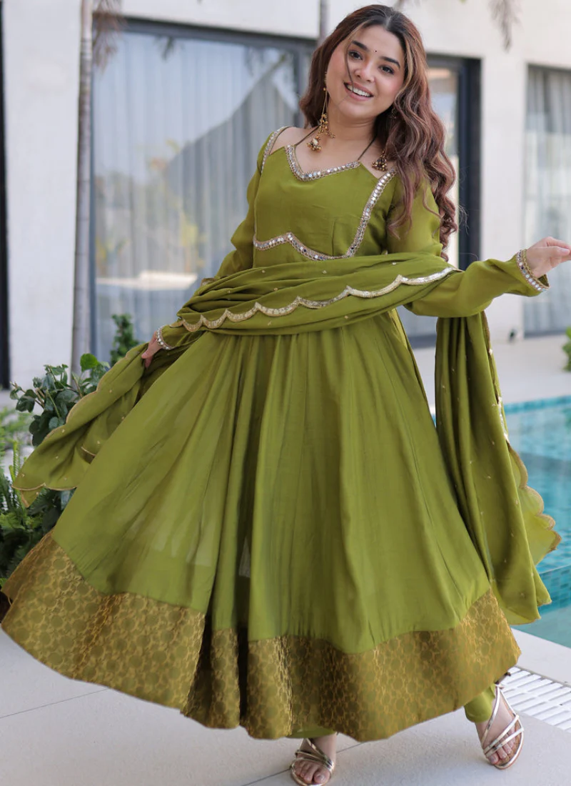 Real Mirror Lace Border Chanderi Green Mehndi Special Anarkali Gown - Image 5