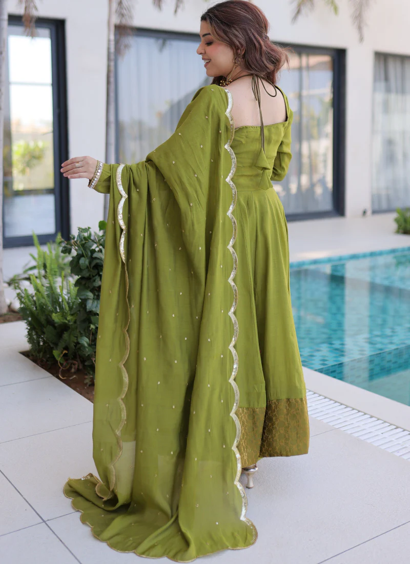 Real Mirror Lace Border Chanderi Green Mehndi Special Anarkali Gown - Image 6