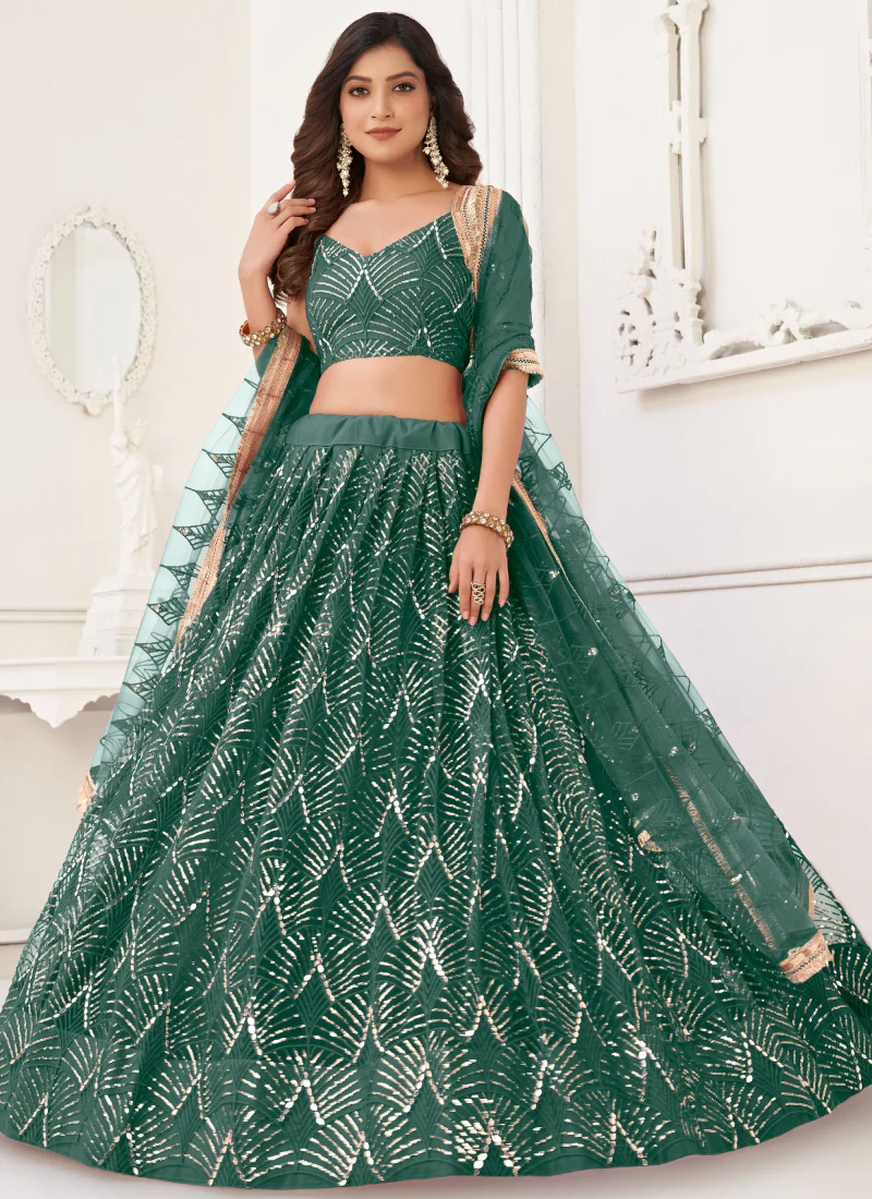 Real Mirror Work Soft Net Green Lehenga Choli For Women - Image 3