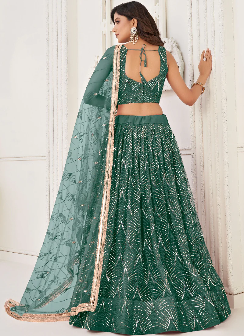 Real Mirror Work Soft Net Green Lehenga Choli For Women - Image 4