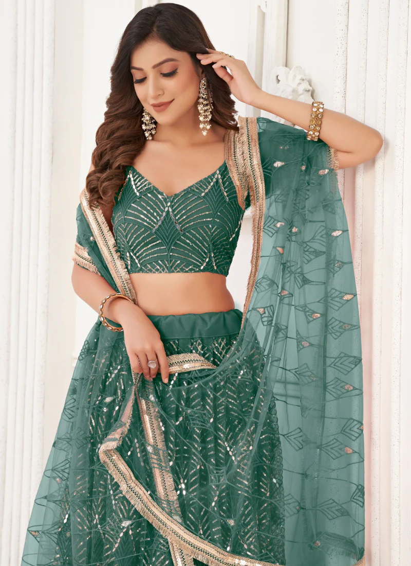 Real Mirror Work Soft Net Green Lehenga Choli For Women - Image 5