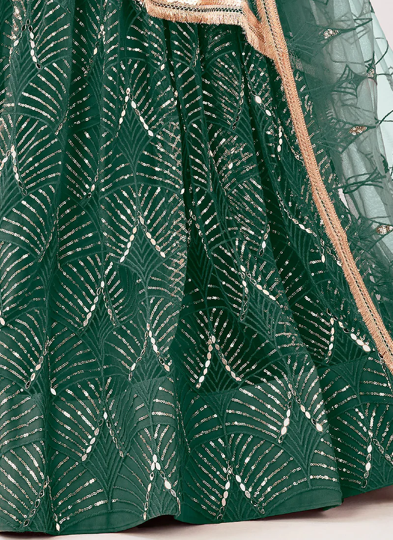 Real Mirror Work Soft Net Green Lehenga Choli For Women - Image 6