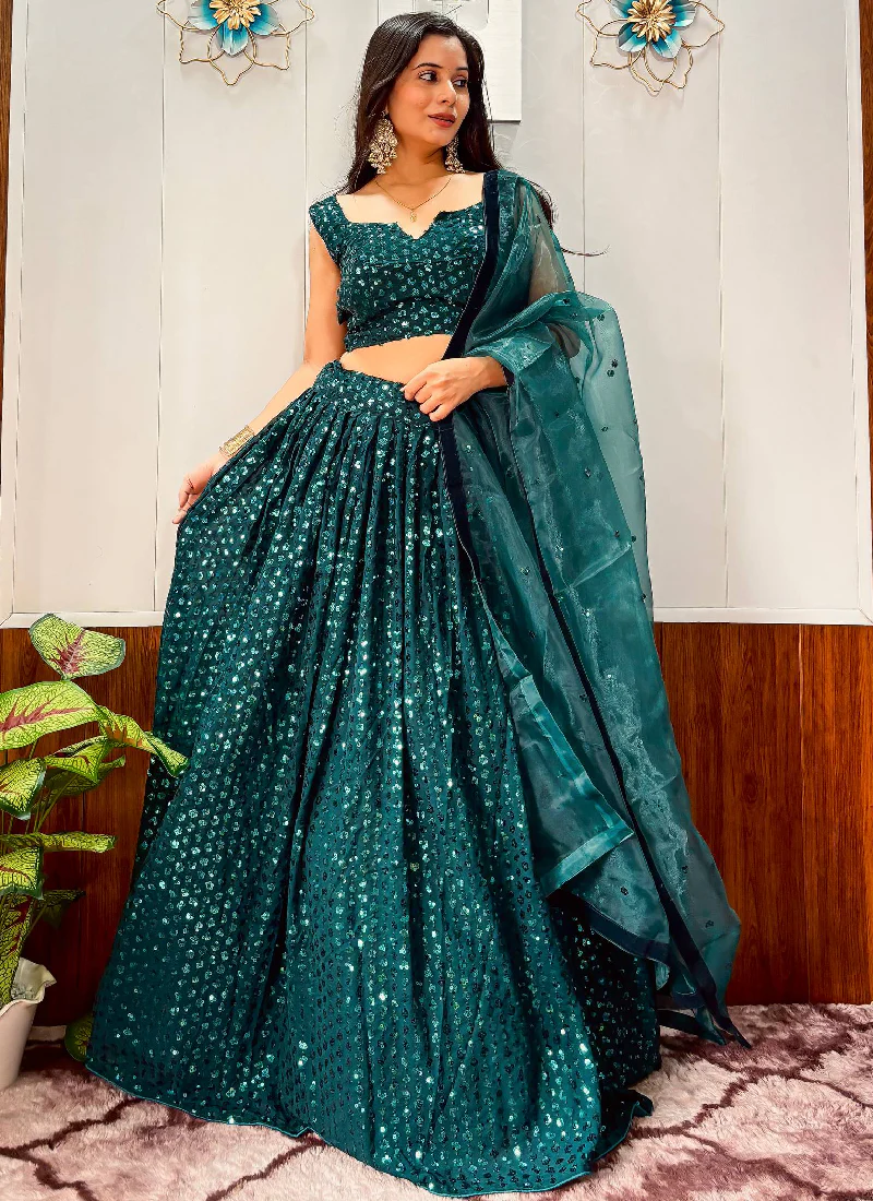 Reception Wear Georgette Heavy Sequins Work Green Lehenga Choli - Image 3