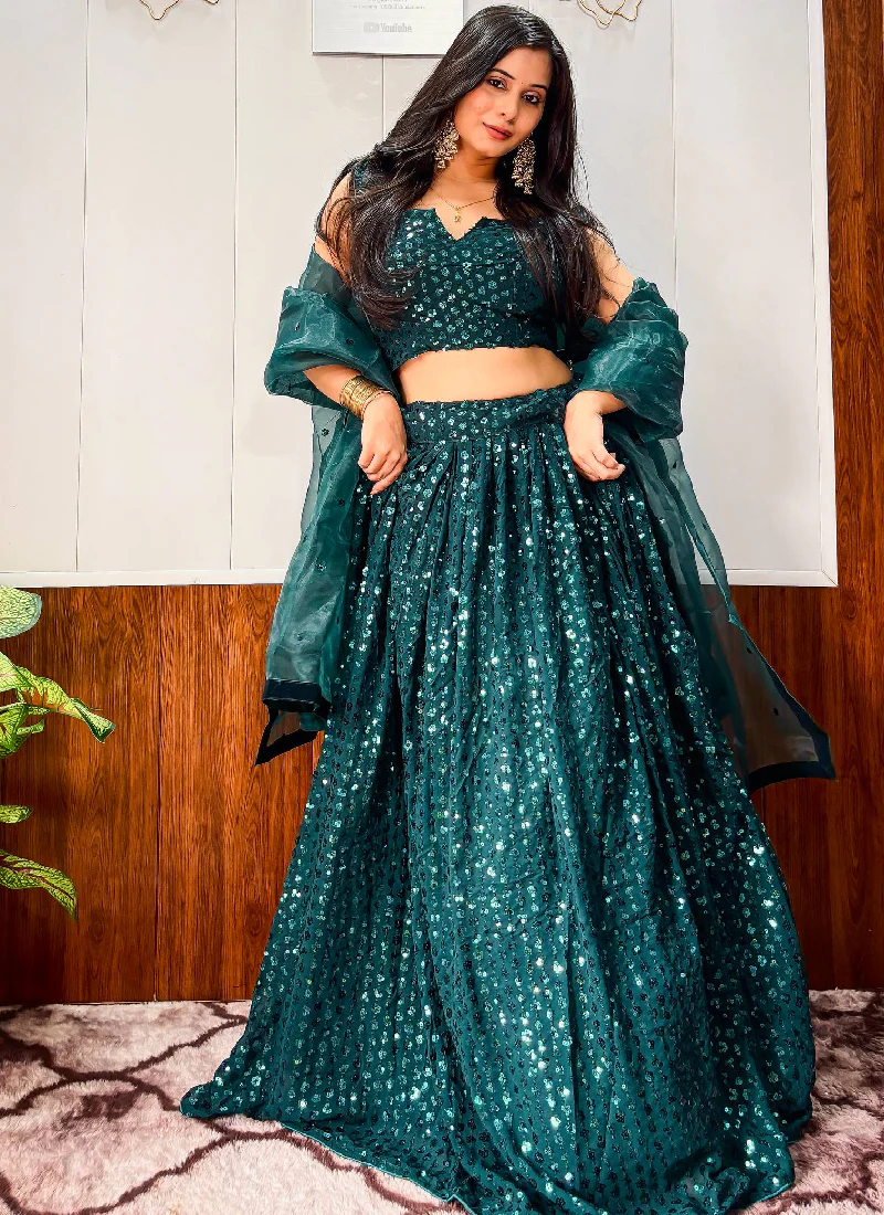 Reception Wear Georgette Heavy Sequins Work Green Lehenga Choli - Image 5