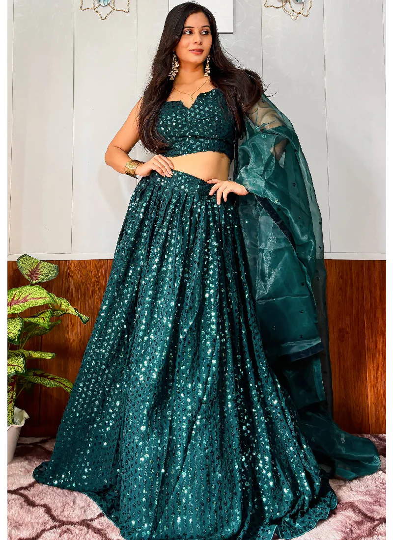 Reception Wear Georgette Heavy Sequins Work Green Lehenga Choli - Image 6