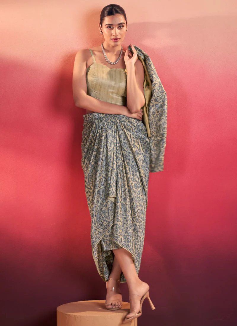 Reception Wear Silk Printed Blue Ready-made Drape Skirt Blouse Set