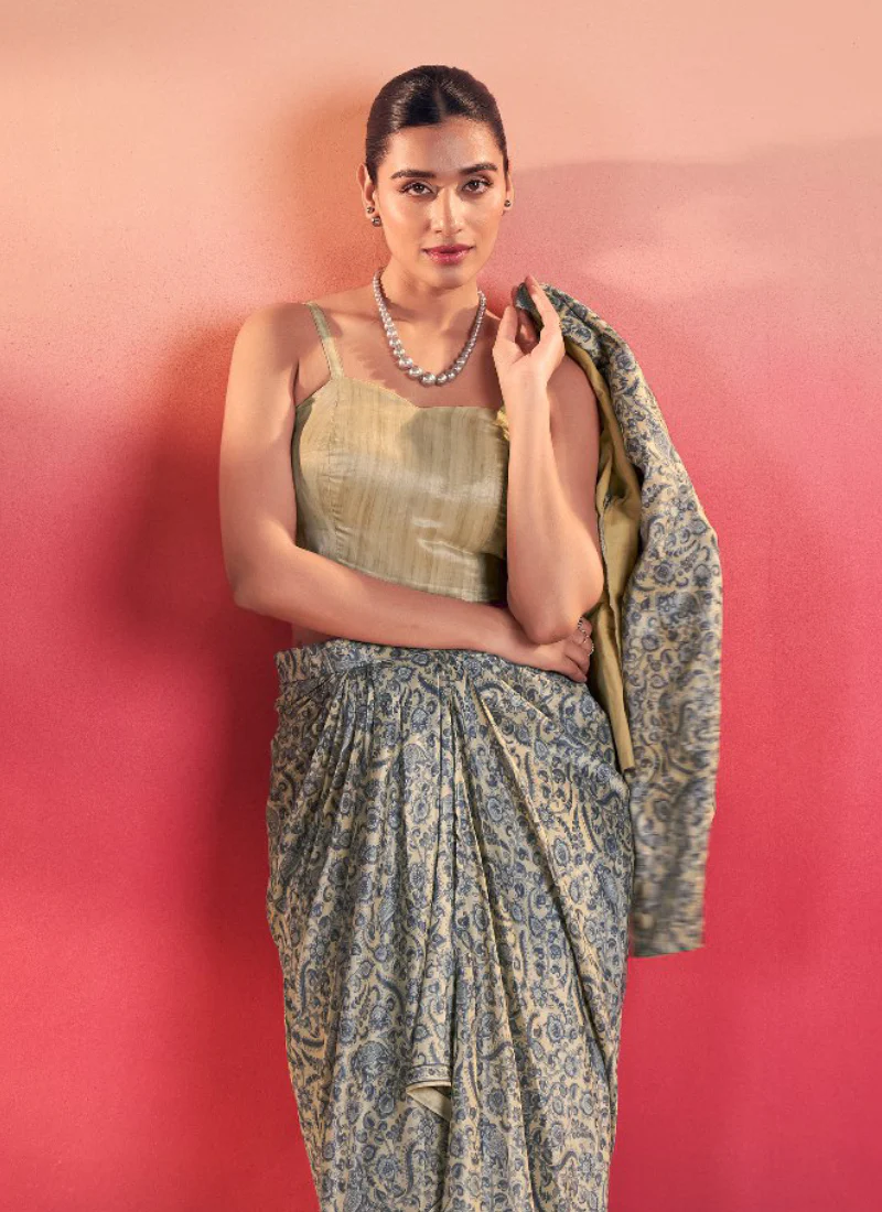 Reception Wear Silk Printed Blue Ready-made Drape Skirt Blouse Set - Image 3