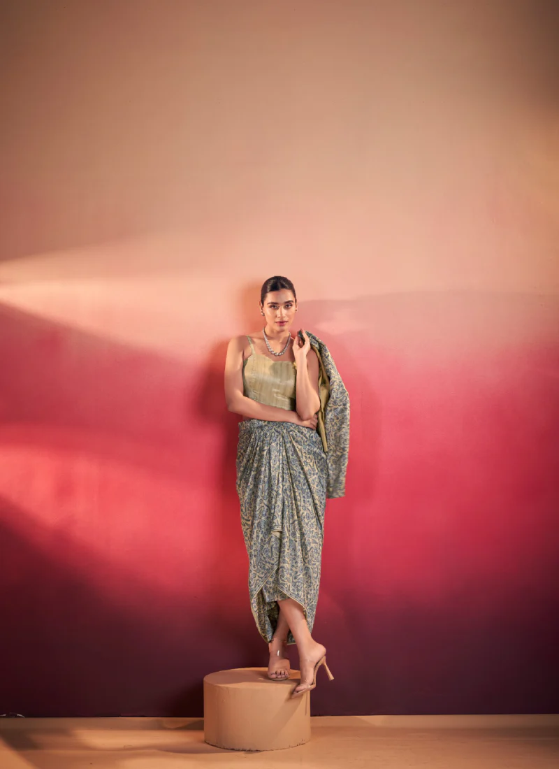 Reception Wear Silk Printed Blue Ready-made Drape Skirt Blouse Set - Image 5