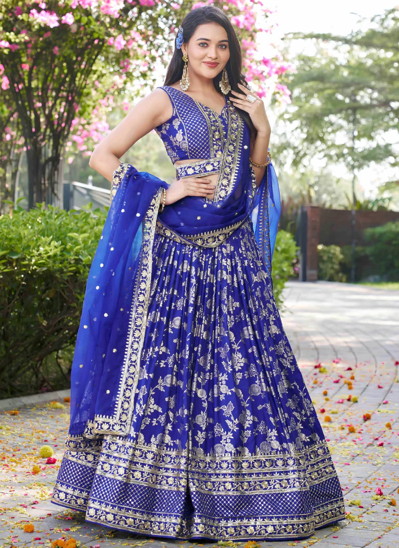 Royal Blue Jacquard Silk Zari Weaving Embroidered Wedding Lehenga