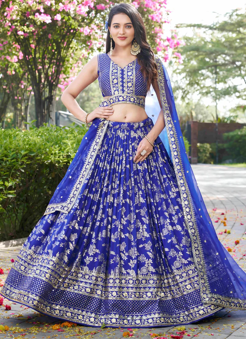 Royal Blue Jacquard Silk Zari Weaving Embroidered Wedding Lehenga - Image 3